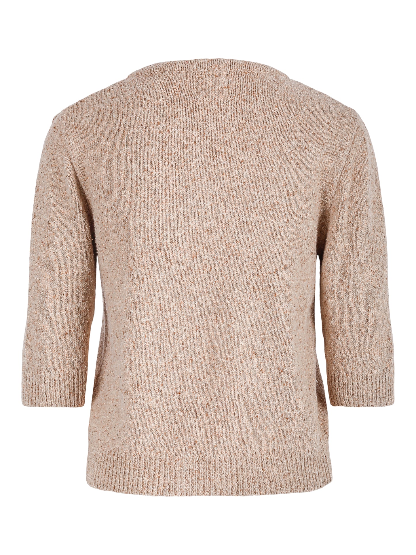 Ecru cardigan med blondestrikk, sett bakfra.