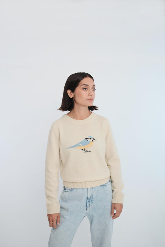 Ullgenser med blåmeis på brystet.