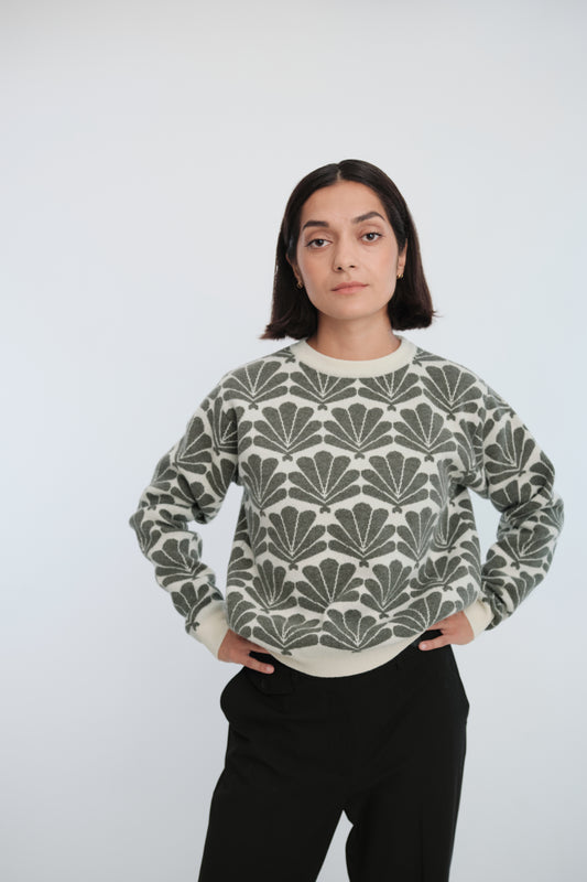 Jaquard strikket genser i merinoull.