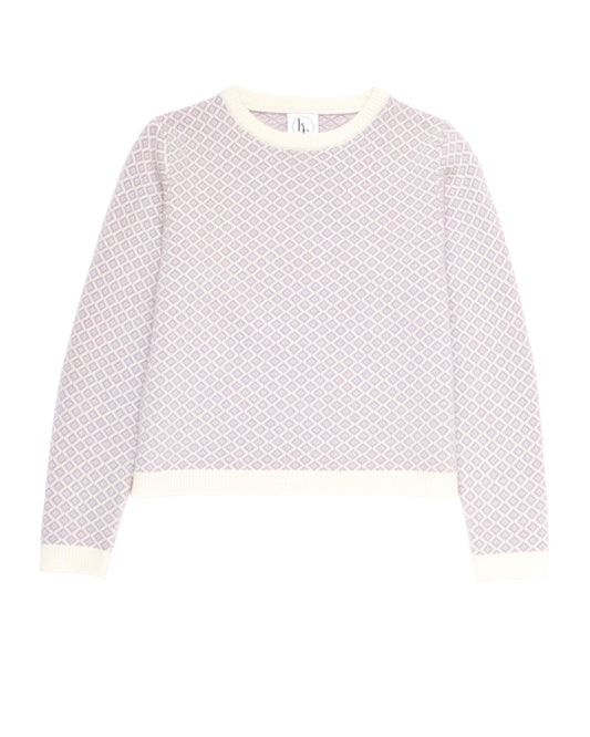 Mønstret lilla og hvit ullgenser.