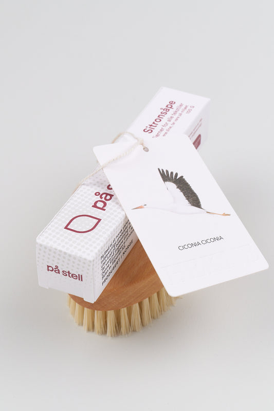 Barselsgave med børste og såpe i naturlige materialer.