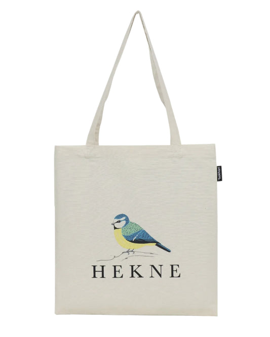 Handlenett med silketrykk av blåmeis fuglemotiv.