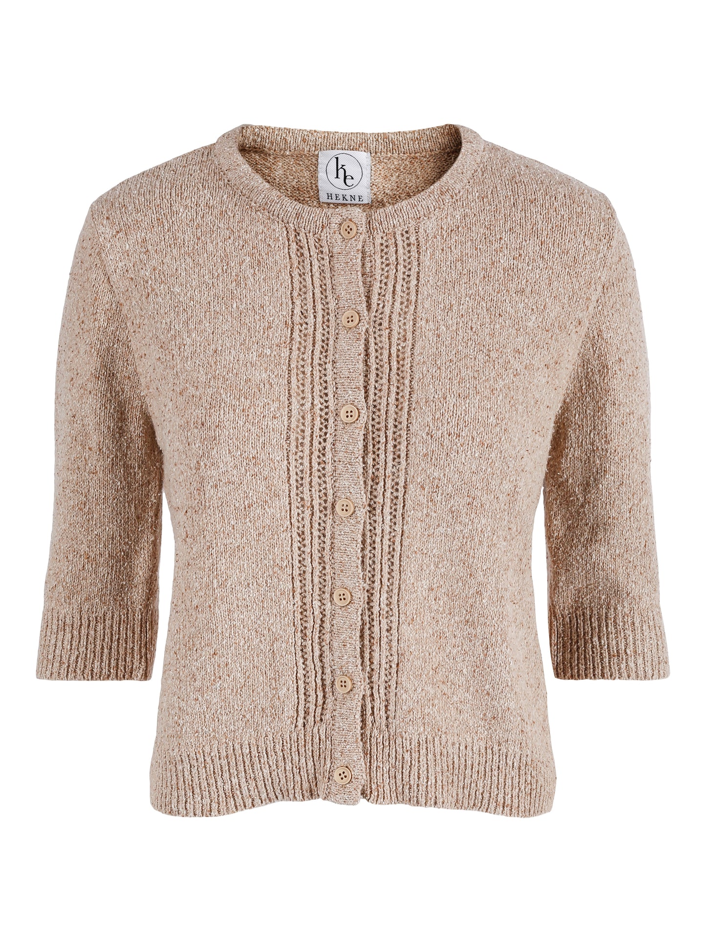 Cardigan i resirkulert bomullsblanding i mørkere beige farge. 
