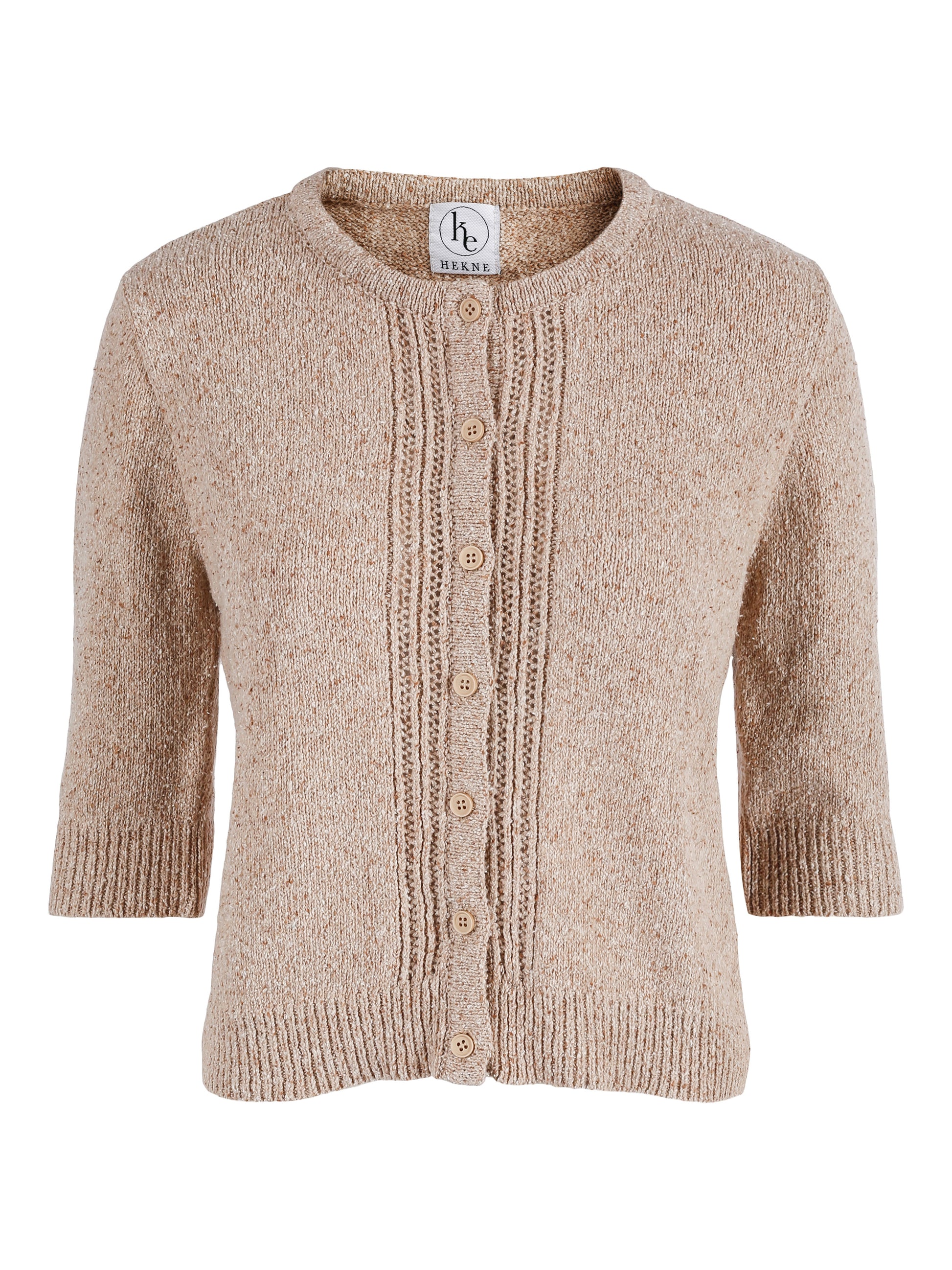 Cardigan i resirkulert bomullsblanding i mørkere beige farge. 
