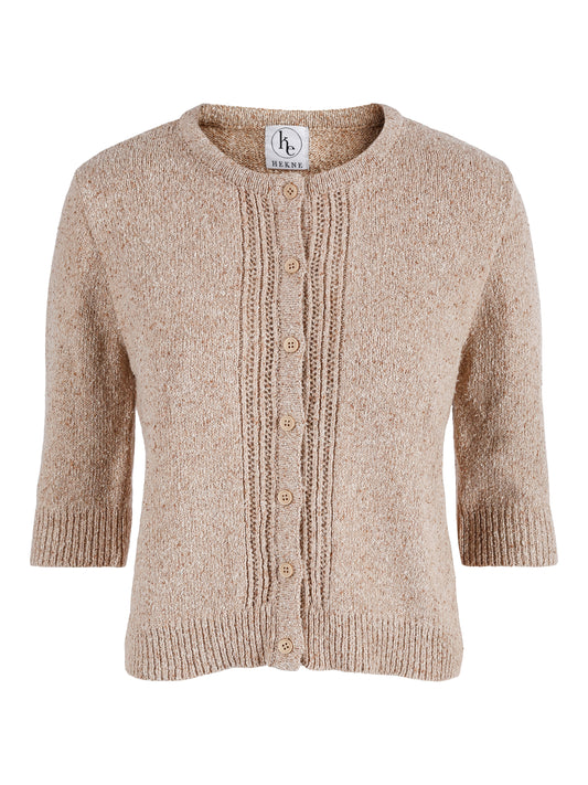 Cardigan i resirkulert bomullsblanding i mørkere beige farge. 
